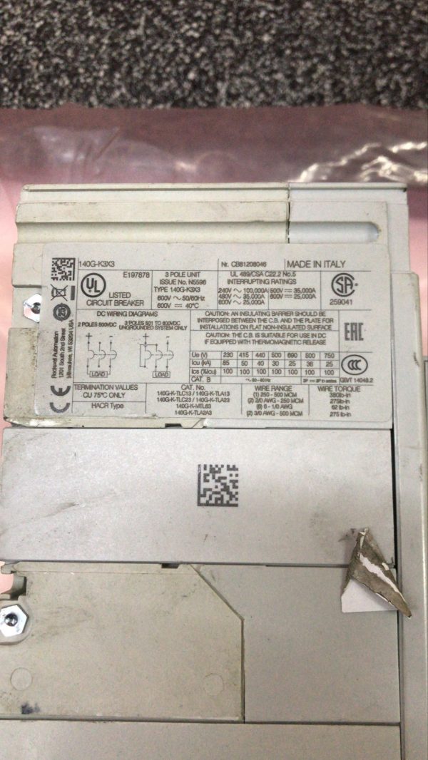 ALLEN BRADLEY 140G-K3X3 Molded Case Circuit Breaker - Image 3